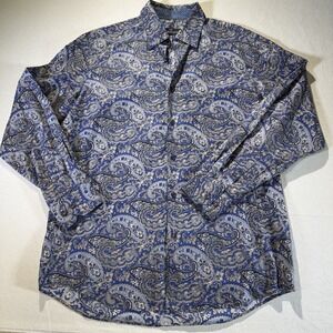 Bugatchi Uomo Dress Shirt Mens L Paisley Print Blue Gold Eye Catcher